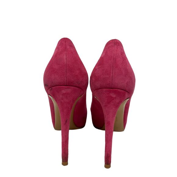 SALVATORE FERRAGAMO Pink Suede Bow Accent Peep Toe Heels Pumps 8 - Picture 6 of 10